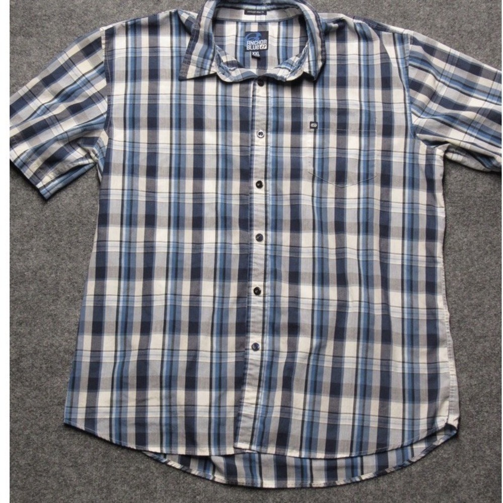 Anchor Blue Mens XXL Short Sleeve Plaid Button Down Shirt Vintage Slim Fit Blue